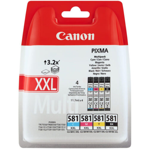 Original Canon CLI-581XXL / 1998C007 / 1998C006 Tinte Multipack schwarz, cyan, magenta, gelb (4 Stück)