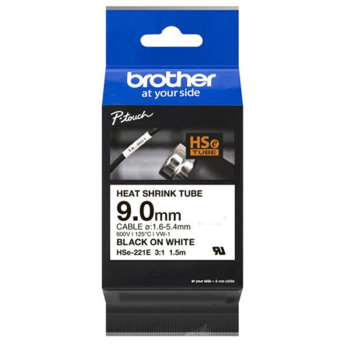 Brother HSE-221E Heissschrumpfschlauch schwarz auf weiß (9mm x 1,5m)