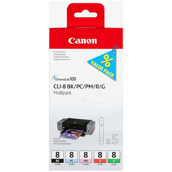 Original Canon CLI-8 / 0620B027 Tinte Multipack schwarz, photo cyan, photo magenta, rot, grün (5 Stück)