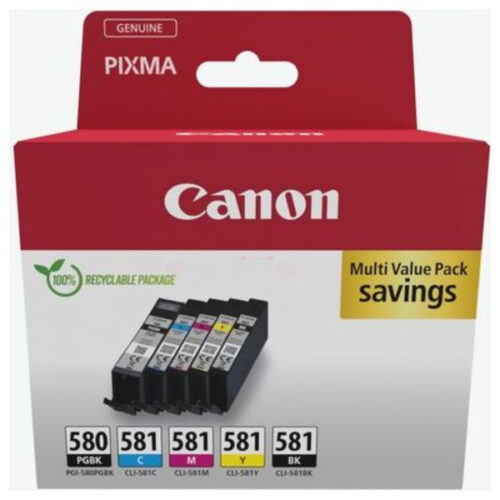 Original Canon PGI-580 CLI-581 / 2078C005 / 2078C006 Tinte Multipack schwarz, cyan, magenta, gelb, photo schwarz (5 Stück)