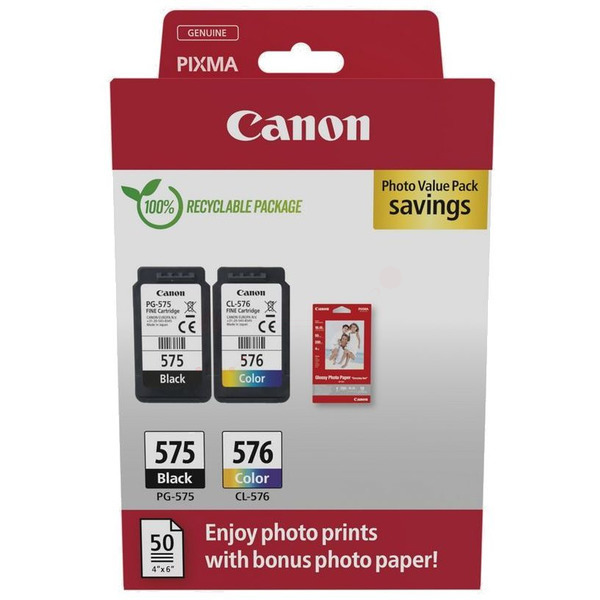 Original Canon PG-575 & CL-576 / 5438C004 Tinte Multipack schwarz, color (2 Stück) (inkl. 50 Blatt Fotopapier)