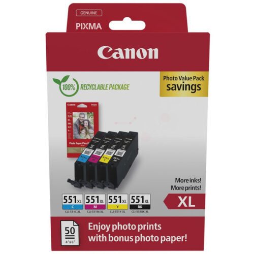 Original Canon CLI-551XL / 6443B008 Tinte Multipack cyan, magenta, gelb, schwarz (4 Stück) (inkl. 50 Blatt Fotopapier)