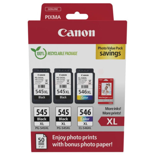 Original Canon PG-545XL & CL-546XL / 8286B015 Tinte Multipack schwarz, color (3 Stück) (inkl. 50 Blatt Fotopapier)