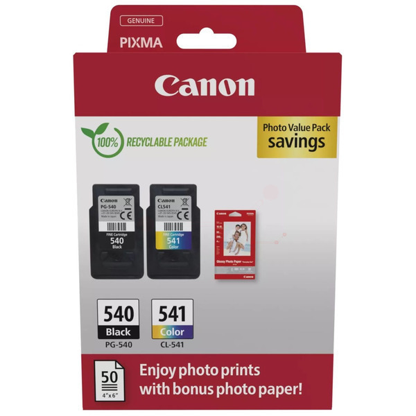 Original Canon PG-540 & CL-541 / 5225B013 Tinte Multipack schwarz, color (2 Stück) (inkl. 50 Blatt Fotopapier)