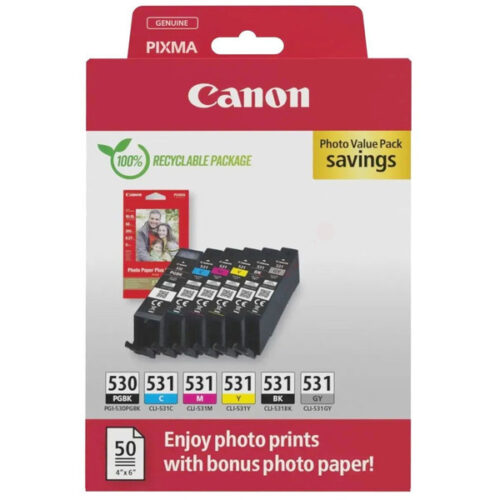 Original Canon PGI-530 & CLI-531 / 6117C004 Tinte Multipack schwarz, cyan, magenta, gelb, schwarz, grau (6 Stück)