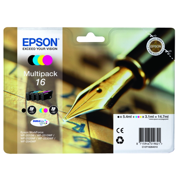 Original Epson 16 / T1626 / C13T16264012 / C13T16264022 Tinte Multipack schwarz, cyan, magenta, gelb (4 Stück)