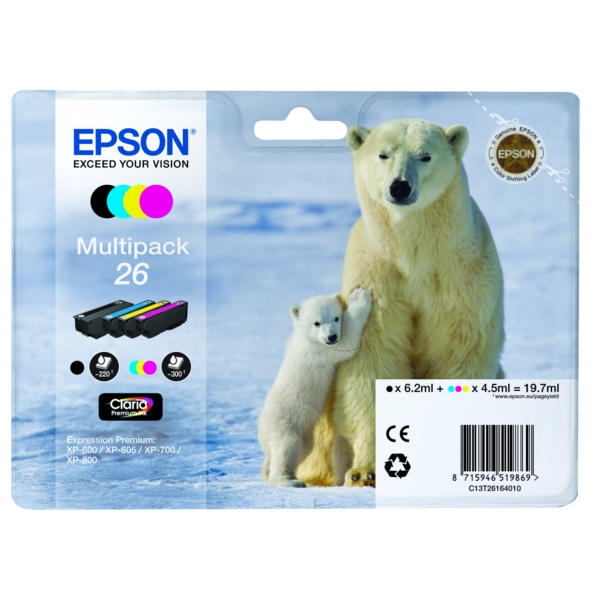 Original Epson 26 / T2616 / C13T26164010 / C13T26164020 / C13T26164511 Tinte Multipack schwarz, cyan, magenta, gelb (4 Stück)