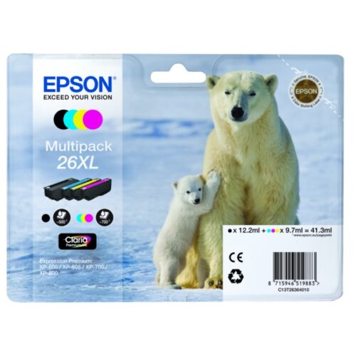 Original Epson 26XL / T2636 / C13T26364010 / C13T26364020 / C13T26364511 Tinte Multipack schwarz, cyan, magenta, gelb (4 Stück)