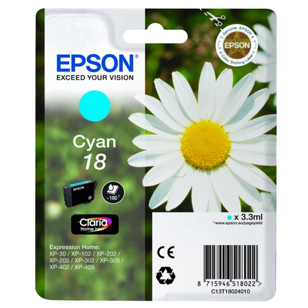 Original Epson 18 / T1802 / C13T18024012 / C13T18024022 Tinte cyan