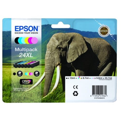 Original Epson 24XL / T2438 / C13T24384011 / C13T24384021 / C13T24384510 Tinte Multipack schwarz, cyan, magenta, gelb, photo cyan, photo magenta (6 Stück)