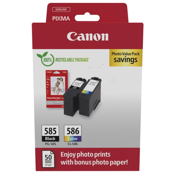 Original Canon PG-585 & CL-586 / 6205C004 Tinte Multipack schwarz, color (2 Stück) (inkl. 50 Blatt Fotopapier)