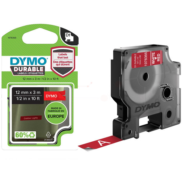 Original Dymo 1978366 Etiketten weiß auf rot (12mm x 3m)