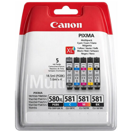 Original Canon PGI-580XL & CLI-581 / 2024C007 Tinte Multipack schwarz, cyan, magenta, gelb, photo schwarz (5 Stück)