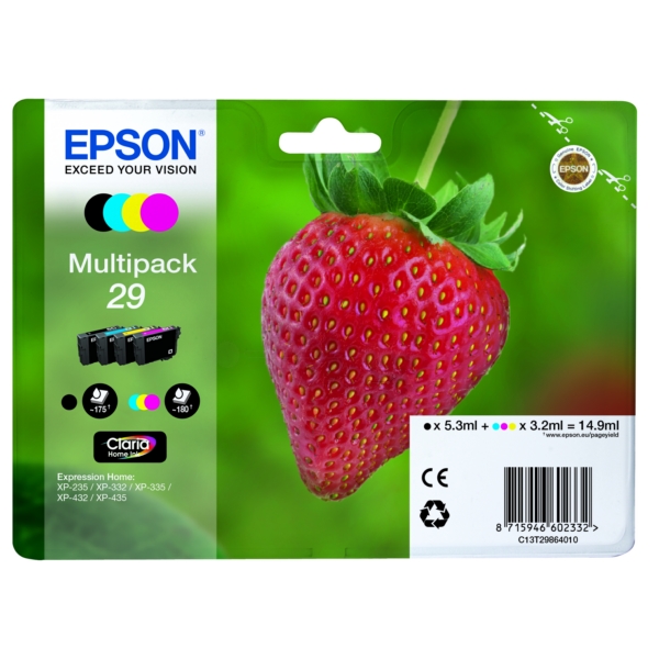 Original Epson 29 / T2986 / C13T29864012 / C13T29864022 / C13T29864511 Tinte Multipack schwarz, cyan, magenta, gelb (4 Stück)