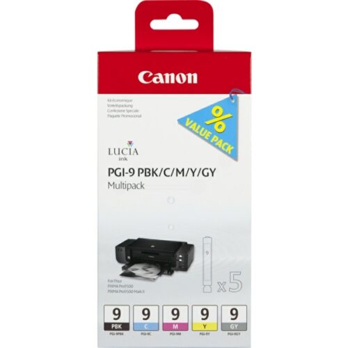 Original Canon PGI-9 / 1034B013 / 1034B011 Tinte Multipack photo schwarz, cyan, magenta, gelb, grau (5 Stück)