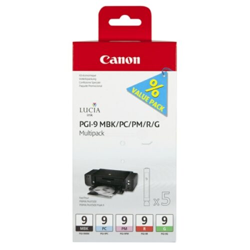 Original Canon PGI-9 / 1033B013 / 1033B011 Tinte Multipack matt schwarz, photo cyan, photo magenta, rot, grün (5 Stück)