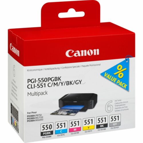 Original Canon PGI-550 CLI 551 / 6496B005 Tinte Multipack schwarz, cyan, magenta, gelb, grau (6 Stück)