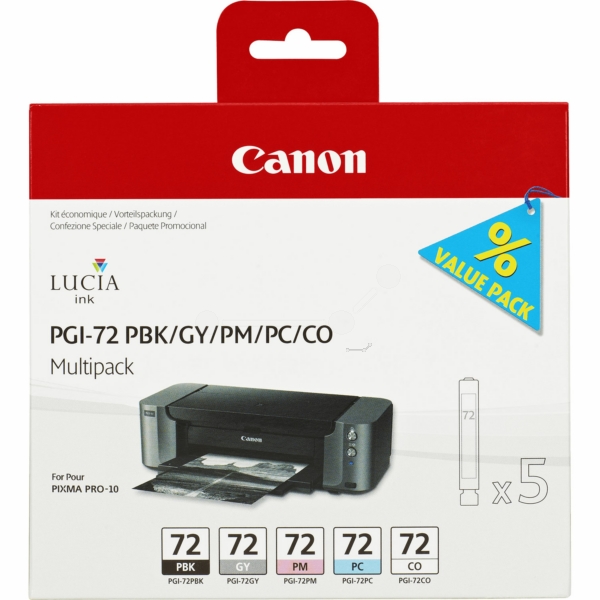 Original Canon PGI-72 / 6403B007 Tinte Multipack photo schwarz, photo cyan, photo magenta, grau, glossy optimizer (5 Stück)