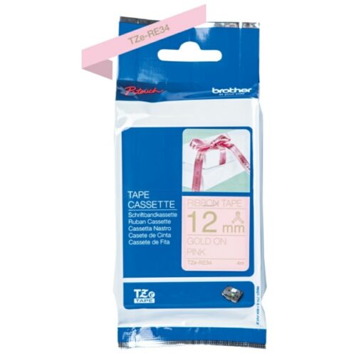Brother TZE-RE34 Textilband gold auf rosa (12mm x 4m)