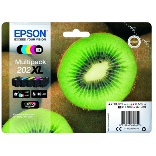 Original Epson 202XL / T02G7 / C13T02G74010 / C13T02G74020 Tinte Multipack schwarz, cyan, magenta, gelb, photo schwarz (5 Stück)