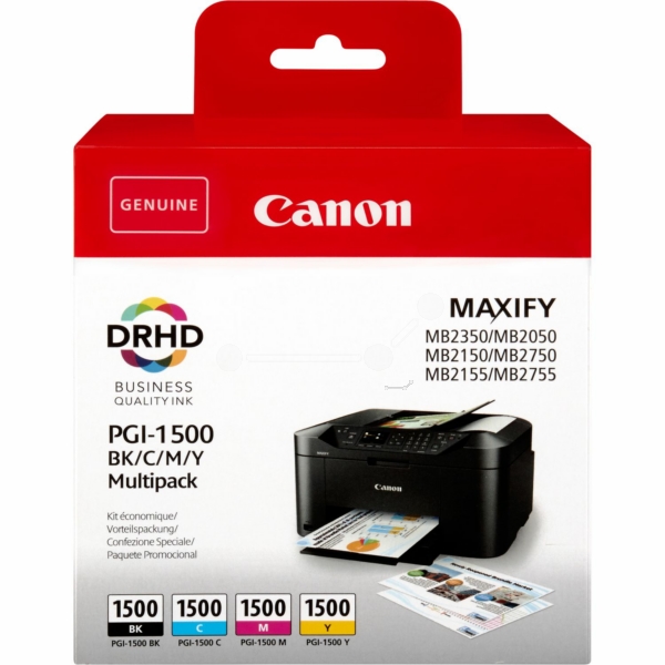 Original Canon PGI-1500 BKCMY / 9218B005 Tinte Multipack schwarz, cyan, magenta, gelb (4 Stück)