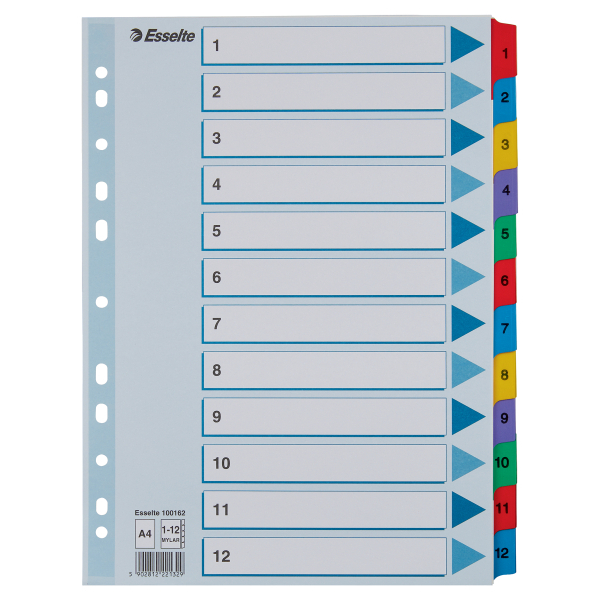 Esselte Ordnerregister DIN A4 Vollformat 1-12 farbig 12-teilig, 1 Satz