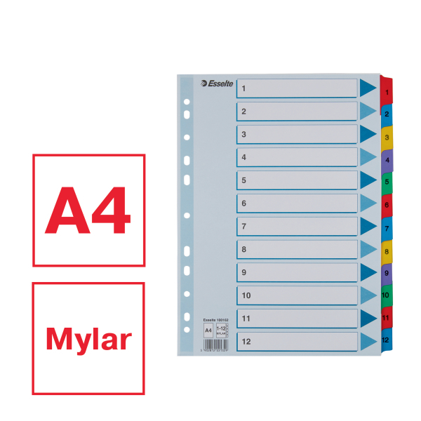Esselte Ordnerregister DIN A4 Vollformat 1-12 farbig 12-teilig, 1 Satz