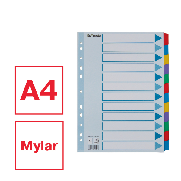 Esselte Ordnerregister DIN A4 Vollformat blanko farbig 12-teilig, 1 Satz