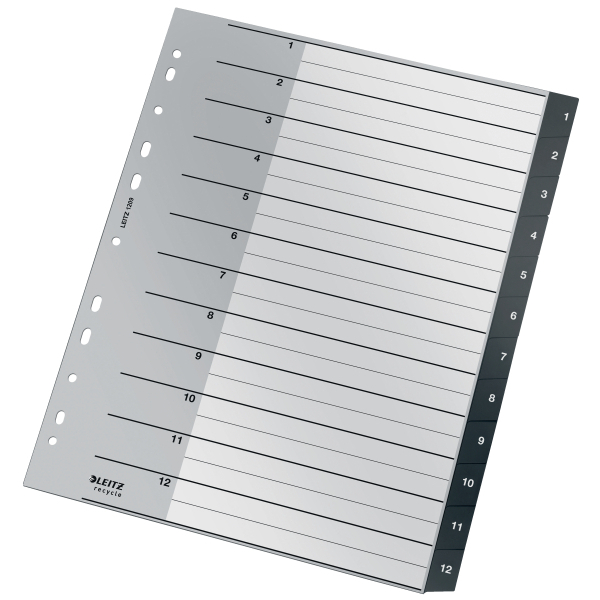 LEITZ Ordnerregister recycle 1209 DIN A4 Vollformat, Überbreite 1-12 schwarz 12-teilig, 1 Satz
