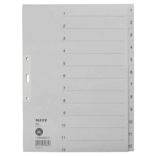 LEITZ Ordnerregister DIN A4+ Vollformat, Überbreite 1-12 grau 12-teilig, 1 Satz