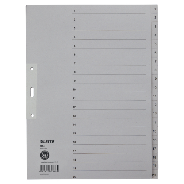 LEITZ Ordnerregister DIN A4+ Vollformat, Überbreite 1-20 grau 20-teilig, 1 Satz