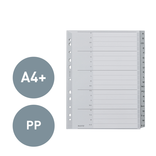 LEITZ Ordnerregister 1260 DIN A4 Vollformat, Überbreite A-Z grau 20-teilig, 1 Satz