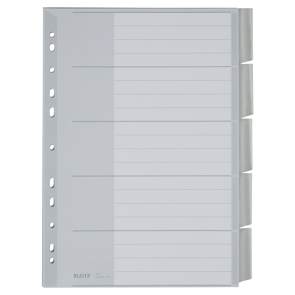 LEITZ Ordnerregister DIN A4 Vollformat, Überbreite 1-5 grau-weiß 5-teilig, 1 Satz