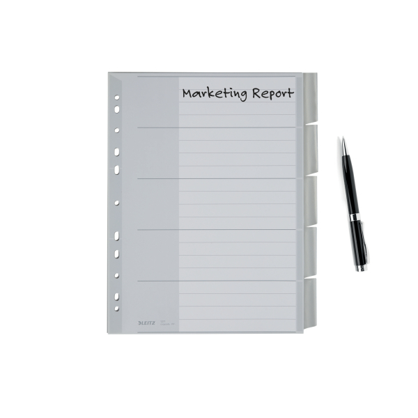 LEITZ Ordnerregister DIN A4 Vollformat, Überbreite 1-5 grau-weiß 5-teilig, 1 Satz
