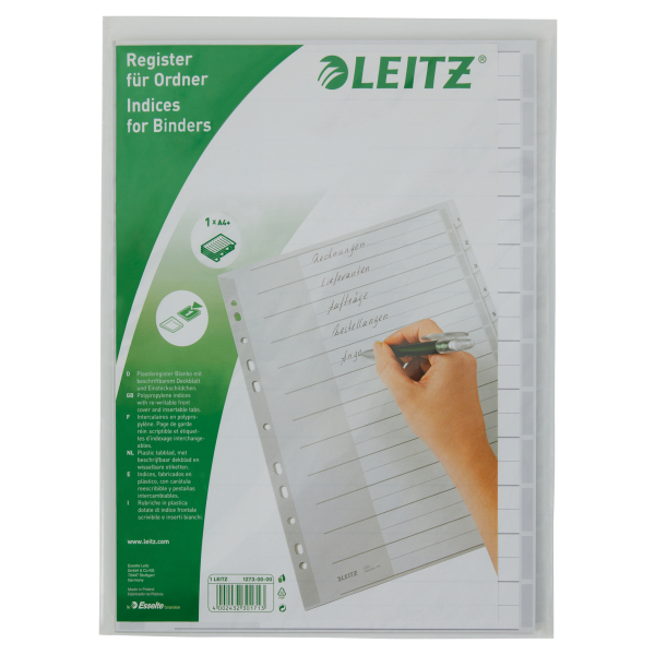 LEITZ Ordnerregister DIN A4+ Vollformat, Überbreite blanko grau 12-teilig, 1 Satz