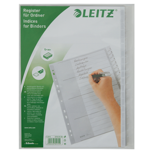 LEITZ Ordnerregister DIN A4 Vollformat, Überbreite blanko grau-weiß 20-teilig, 1 Satz