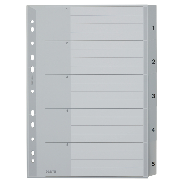LEITZ Ordnerregister DIN A4+ Vollformat, Überbreite 1-5 grau 5-teilig, 1 Satz