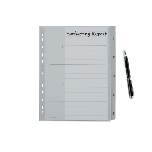 LEITZ Ordnerregister DIN A4+ Vollformat, Überbreite 1-5 grau 5-teilig, 1 Satz