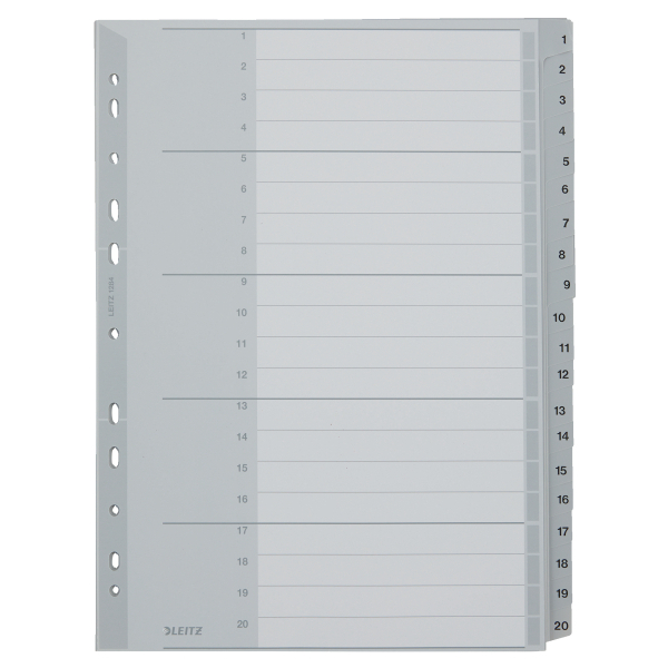 LEITZ Ordnerregister DIN A4+ Vollformat, Überbreite 1-20 grau 20-teilig, 1 Satz
