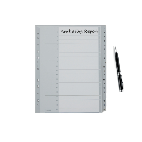LEITZ Ordnerregister DIN A4+ Vollformat, Überbreite 1-20 grau 20-teilig, 1 Satz