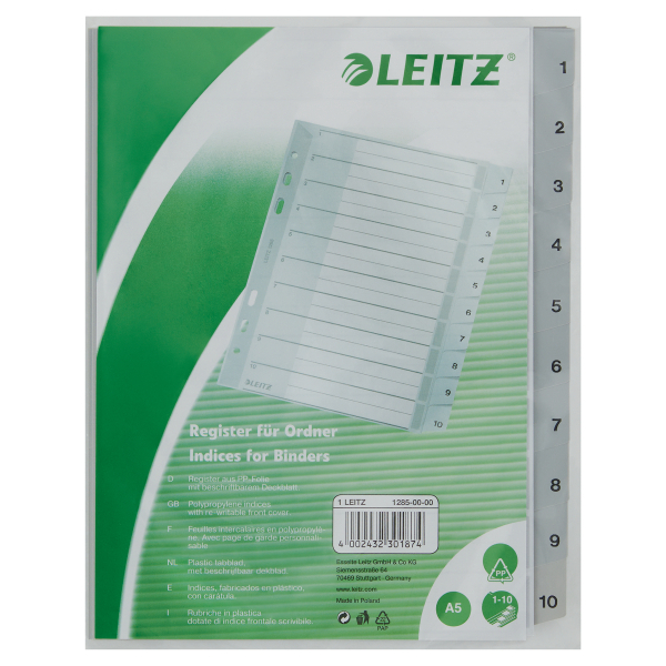 LEITZ Ordnerregister DIN A5 Vollformat 1-10 grau 10-teilig, 1 Satz