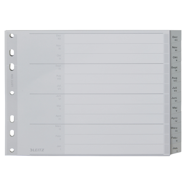 LEITZ Ordnerregister DIN A4+ Halbformat, quer Dez.-Jan. grau 12-teilig, 1 Satz