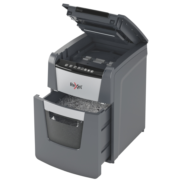 Rexel Optimum AutoFeed+ 100M Aktenvernichter mit Partikelschnitt P-5, 2 x 15 mm, bis 100 Blatt, schwarz