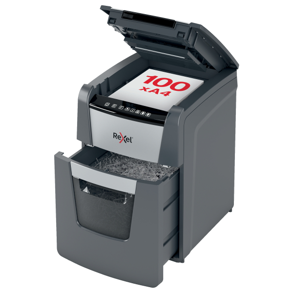 Rexel Optimum AutoFeed+100X Aktenvernichter mit Partikelschnitt P-4, 4 x 28 mm, bis 100 Blatt, schwarz