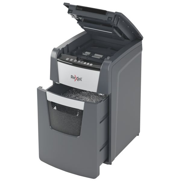Rexel Optimum AutoFeed+ 150M Aktenvernichter mit Partikelschnitt P-5, 2 x 15 mm, bis 150 Blatt, schwarz