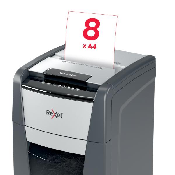 Rexel Optimum AutoFeed+ 225M Aktenvernichter mit Partikelschnitt P-5, 2 x 15 mm, bis 225 Blatt, schwarz