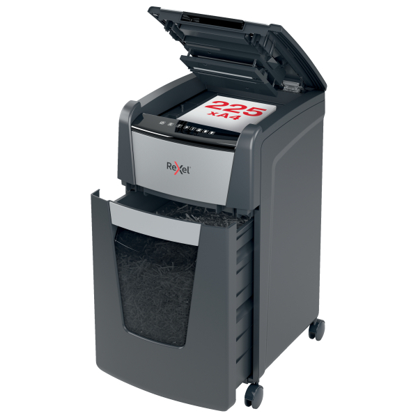 Rexel Optimum AutoFeed+ 225X Aktenvernichter mit Partikelschnitt P-4, 4 x 26 mm, bis 225 Blatt, schwarz