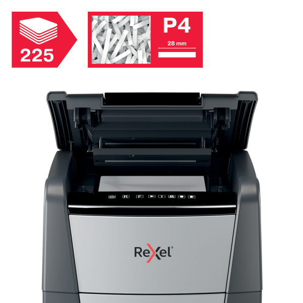 Rexel Optimum AutoFeed+ 225X Aktenvernichter mit Partikelschnitt P-4, 4 x 26 mm, bis 225 Blatt, schwarz