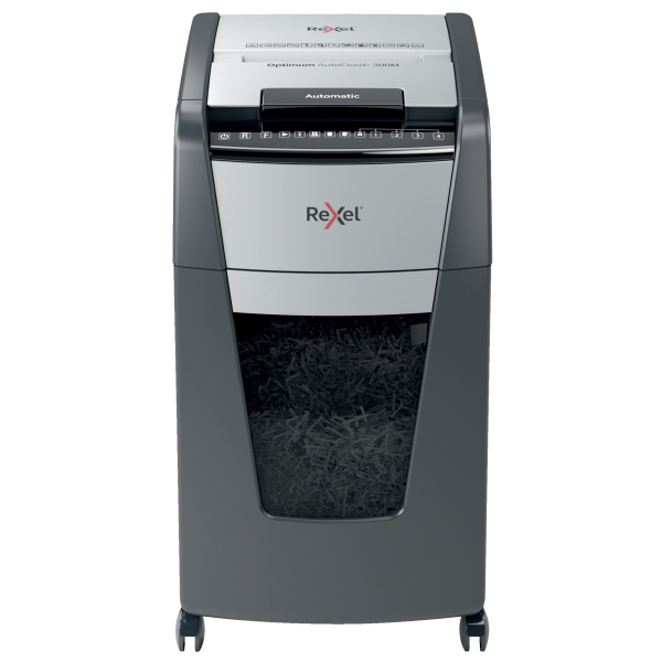 Rexel Optimum AutoFeed+ 300M Aktenvernichter mit Partikelschnitt P-5, 2 x 15 mm, bis 300 Blatt, schwarz