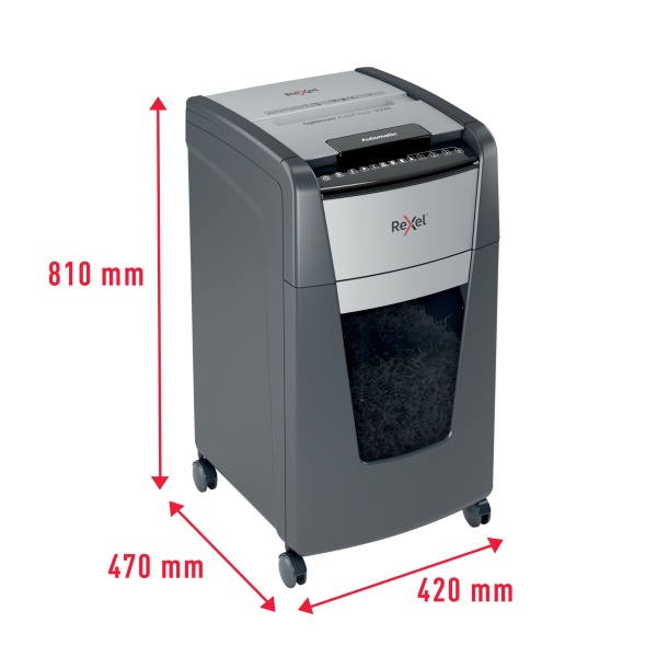 Rexel Optimum AutoFeed+ 300M Aktenvernichter mit Partikelschnitt P-5, 2 x 15 mm, bis 300 Blatt, schwarz